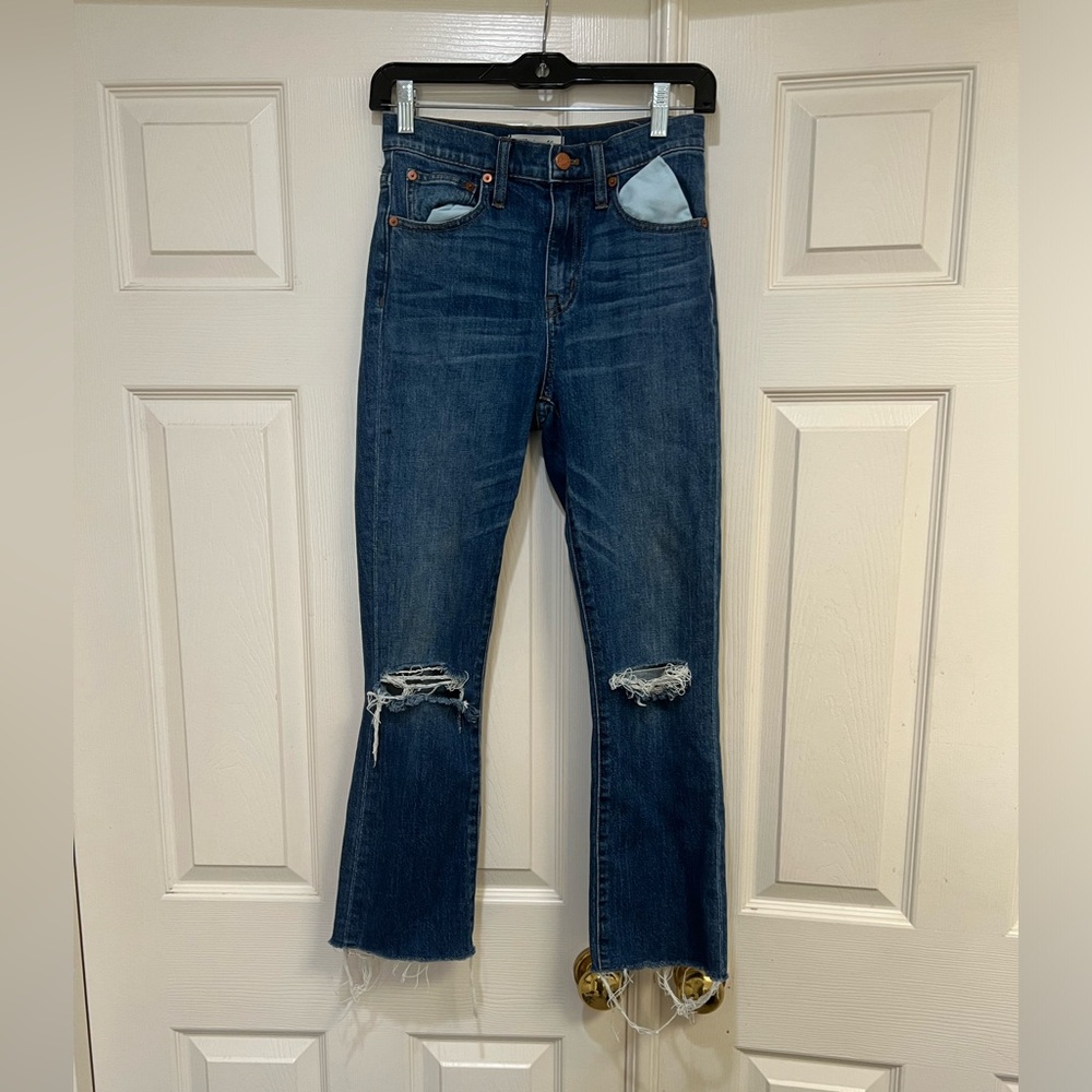 Madewell 10” High Riser Demi Boot Cut Jeans Retro Blue Distressed Knees pants 25